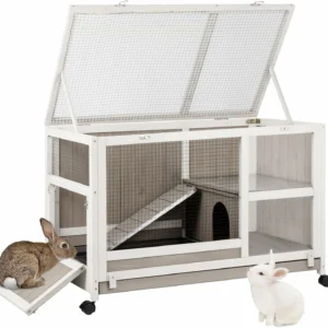 Ketive RAB16 Rabbit Hutch Indoor - Rabbit Cage Outdoor On Wheels Buuny Hutch Guinea Pig Cage Bunny Cage with Run and Hideout Hamster Cage with Wire Netting Above Pull Out Tray Pet House for Small Animals
