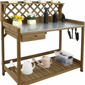 Ketive GF11 Garden Potting Bench with Metal Tabletop,Outdoor Potting Table Workstation Benches with Drawer Storage Shelf