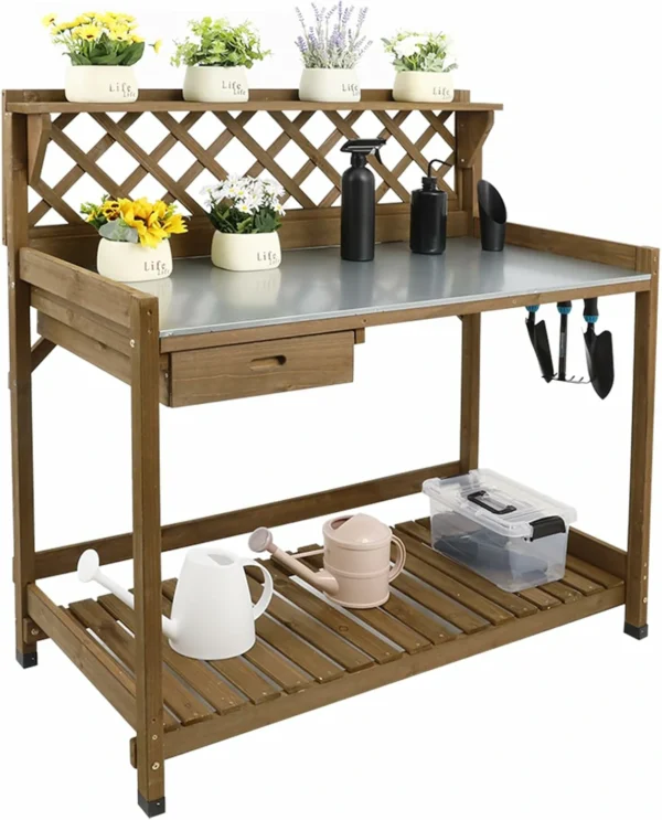 Ketive GF11 Garden Potting Bench with Metal Tabletop,Outdoor Potting Table Workstation Benches with Drawer Storage Shelf