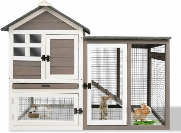 Ketive RAB17 Rabbit Hutch Indoor Outdoor Wooden Rabbit Cages with Pull Out Tray Large Rabbit Hutch Waterproof Asphalt Roof Guinea Pig Cages