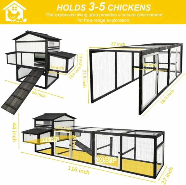 Ketive PET27 Extra Large 116in Chicken Coop Cage for 3-5 Chickens Wooden Hen House with Run Outdoor Poultry Cage with Nesting Boxes, Perches, Tray and Ramp, Combinable - Image 2