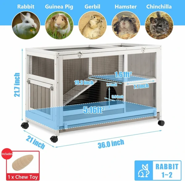 Ketive RAB16 Rabbit Hutch Indoor - Rabbit Cage Outdoor On Wheels Buuny Hutch Guinea Pig Cage Bunny Cage with Run and Hideout Hamster Cage with Wire Netting Above Pull Out Tray Pet House for Small Animals - Image 2