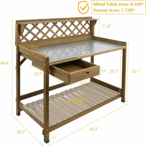 Ketive GF11 Garden Potting Bench with Metal Tabletop,Outdoor Potting Table Workstation Benches with Drawer Storage Shelf - Image 2