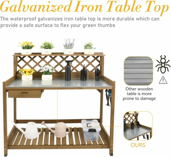 Ketive GF11 Garden Potting Bench with Metal Tabletop,Outdoor Potting Table Workstation Benches with Drawer Storage Shelf - Image 3
