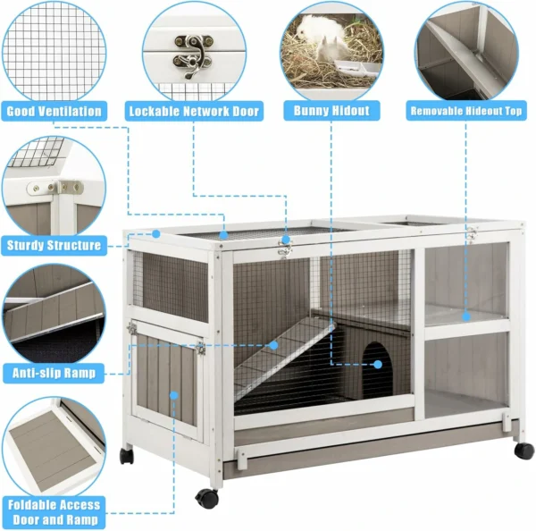Ketive RAB16 Rabbit Hutch Indoor - Rabbit Cage Outdoor On Wheels Buuny Hutch Guinea Pig Cage Bunny Cage with Run and Hideout Hamster Cage with Wire Netting Above Pull Out Tray Pet House for Small Animals - Image 6