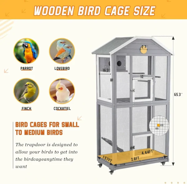 Ketive PET51 65in Outdoor Bird Aviary with Wheels,Wooden Bird Cage Indoor Finches Cage Flight cage Wire Mesh - Image 6