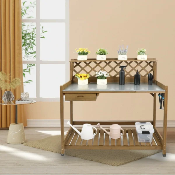 Ketive GF11 Garden Potting Bench with Metal Tabletop,Outdoor Potting Table Workstation Benches with Drawer Storage Shelf - Image 7