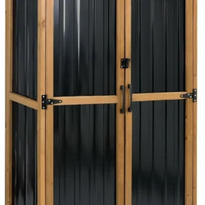 Ketive GF32 Outdoor Storage Cabinet Wood & Metal, Double Lockable Doors, Removable 3 Shelves, Adjustable Feet for Patio, Garden, Backyard, Lawn