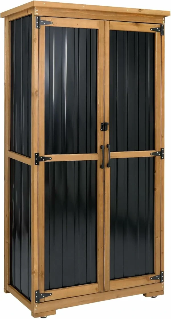 Ketive GF32 Outdoor Storage Cabinet Wood & Metal, Double Lockable Doors, Removable 3 Shelves, Adjustable Feet for Patio, Garden, Backyard, Lawn