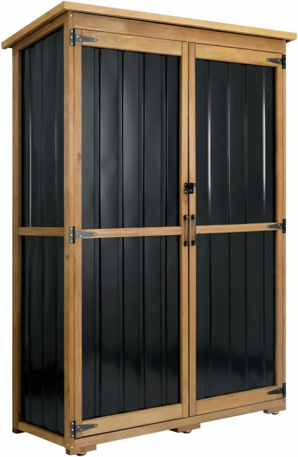 Ketive GF33 Outdoor Storage Cabinet Wood & Metal, Storage Shed Waterproof Double Lock for Anti-Theft Removable Shelves Adjustable Feet Wooden Floor