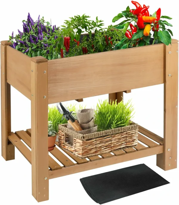 Ketive GF27 Raised Garden Bed with Legs - Elevated Wooden Planter Box, Durable Fir Wood, Reinforced Frame with Drainage Holes, Liner, and Storage Shelf