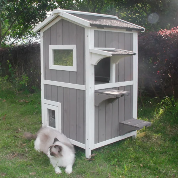 Ketive PET04 Cat House for Outdoor & Indoor Wooden Waterproof Cat Condo Cat Outdoor Enclosure with Escape Door,2 Story Kitty House