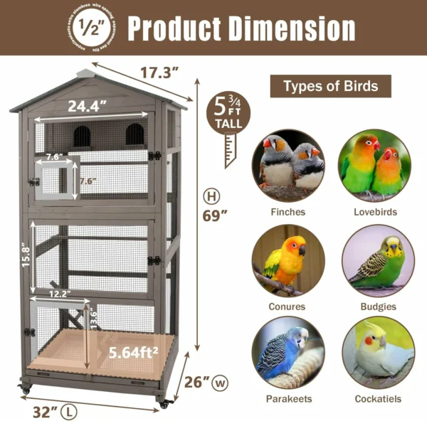 Ketive PET50 Flight Bird Cage Outdoor Large Wooden Bird Aviary Parrot Cage for Parakeet, Finches and Any Small Birds - Image 2