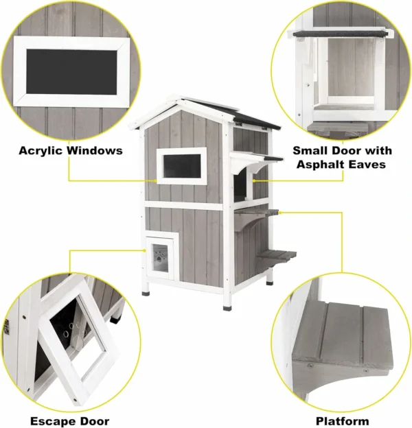 Ketive PET04 Cat House for Outdoor & Indoor Wooden Waterproof Cat Condo Cat Outdoor Enclosure with Escape Door,2 Story Kitty House - Image 2