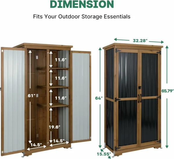 Ketive GF32 Outdoor Storage Cabinet Wood & Metal, Double Lockable Doors, Removable 3 Shelves, Adjustable Feet for Patio, Garden, Backyard, Lawn - Image 3