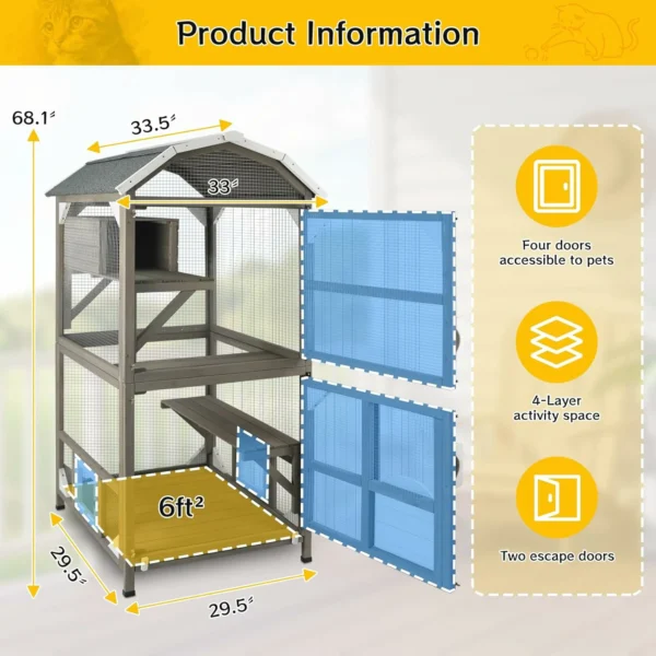 Ketive CAT12 Catio Cat House Outdoor Cat Enclosure Window Large Cat Cage Indoor Outdoor with Multiple Platforms Waterproof Roof and Resting Box Shelter for Stray Kittens Grey - Image 3