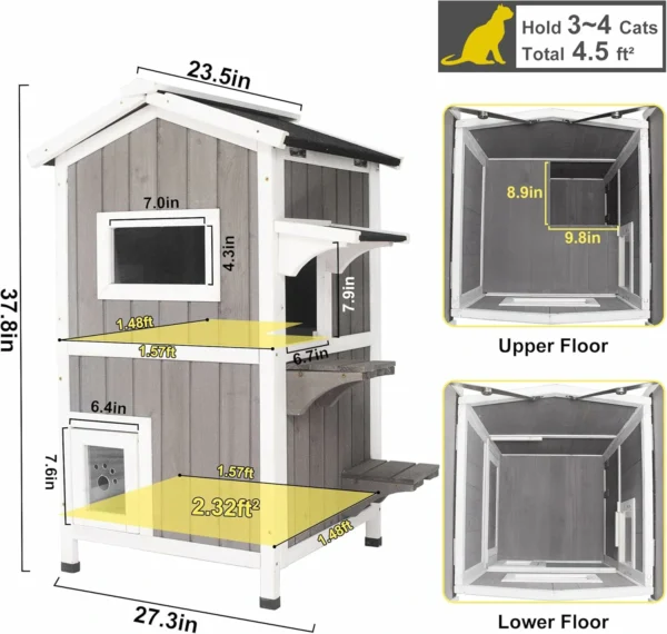 Ketive PET04 Cat House for Outdoor & Indoor Wooden Waterproof Cat Condo Cat Outdoor Enclosure with Escape Door,2 Story Kitty House - Image 3