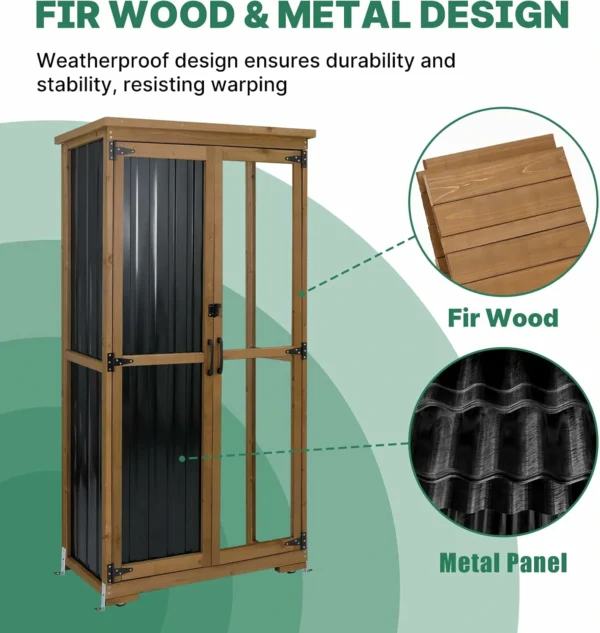 Ketive GF32 Outdoor Storage Cabinet Wood & Metal, Double Lockable Doors, Removable 3 Shelves, Adjustable Feet for Patio, Garden, Backyard, Lawn - Image 4