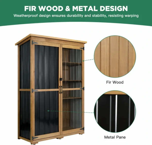 Ketive GF33 Outdoor Storage Cabinet Wood & Metal, Storage Shed Waterproof Double Lock for Anti-Theft Removable Shelves Adjustable Feet Wooden Floor - Image 4