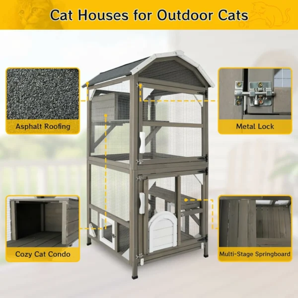 Ketive CAT12 Catio Cat House Outdoor Cat Enclosure Window Large Cat Cage Indoor Outdoor with Multiple Platforms Waterproof Roof and Resting Box Shelter for Stray Kittens Grey - Image 4