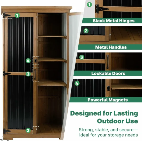 Ketive GF32 Outdoor Storage Cabinet Wood & Metal, Double Lockable Doors, Removable 3 Shelves, Adjustable Feet for Patio, Garden, Backyard, Lawn - Image 6