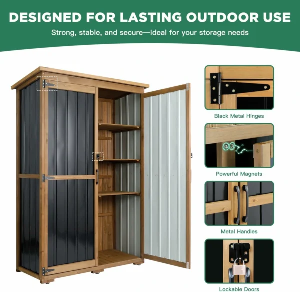 Ketive GF33 Outdoor Storage Cabinet Wood & Metal, Storage Shed Waterproof Double Lock for Anti-Theft Removable Shelves Adjustable Feet Wooden Floor - Image 6