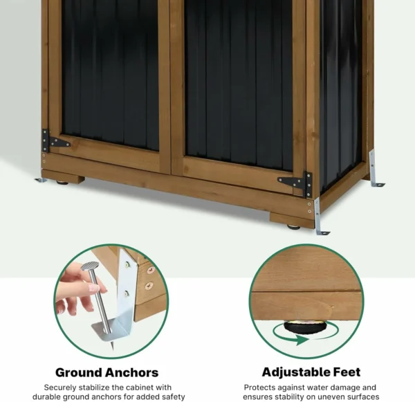 Ketive GF32 Outdoor Storage Cabinet Wood & Metal, Double Lockable Doors, Removable 3 Shelves, Adjustable Feet for Patio, Garden, Backyard, Lawn - Image 7