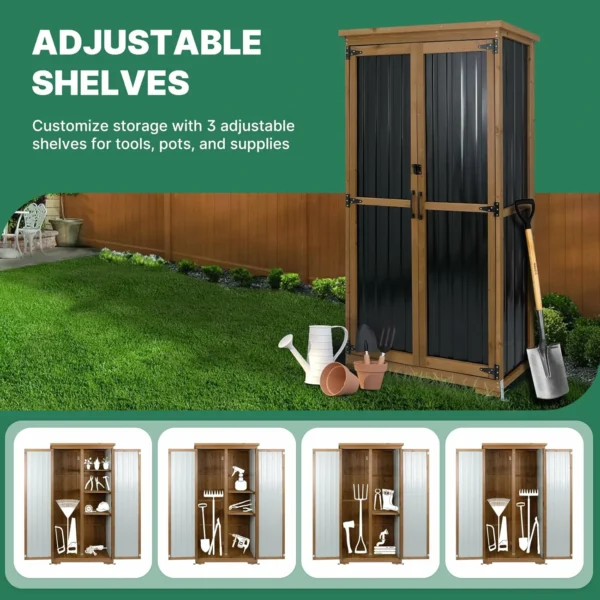 Ketive GF32 Outdoor Storage Cabinet Wood & Metal, Double Lockable Doors, Removable 3 Shelves, Adjustable Feet for Patio, Garden, Backyard, Lawn - Image 8